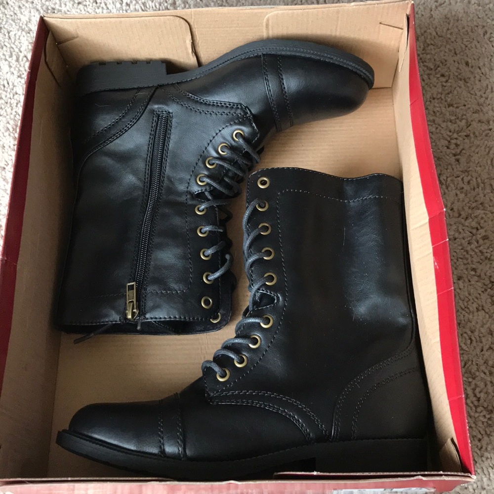 Faded glory black combat boots (NEVER WORN!!)